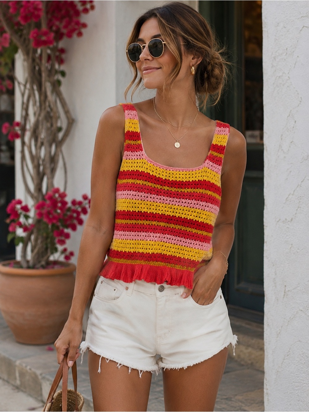 🔹 Lush Crochet Stripe Tank Top – Size Small Coral Pink Yellow Red